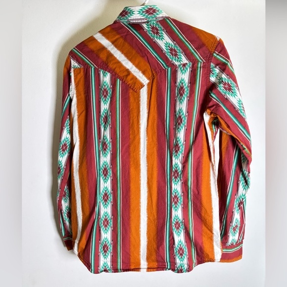 Wrangler Retro Checota Aztec Long Sleeve Rodeo Rockabilly Pearl Snap Shirt - Picture 2 of 2